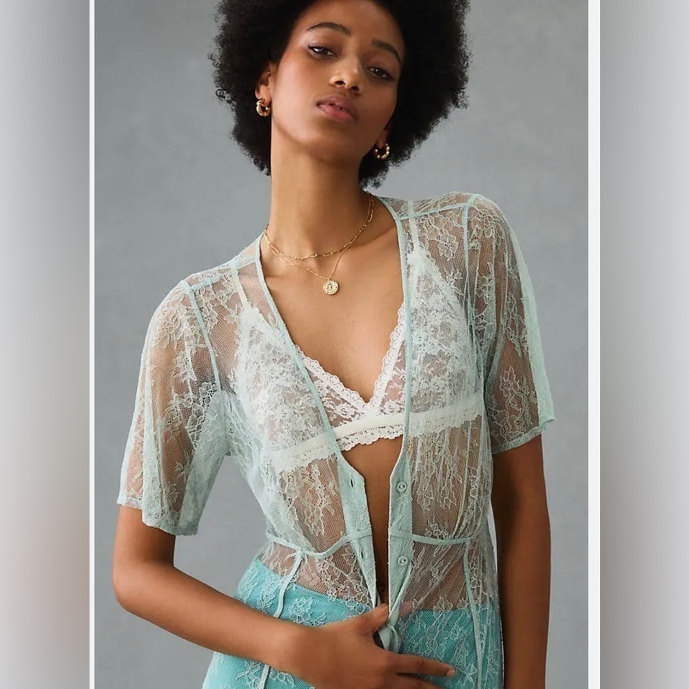 By Anthropologie Sheer Lace Buttondown Midi Dress in Mint